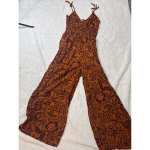 Patrons of Peace Rust Floral Smocked Wide Leg Jumpsuit Boho Tie Strap Large